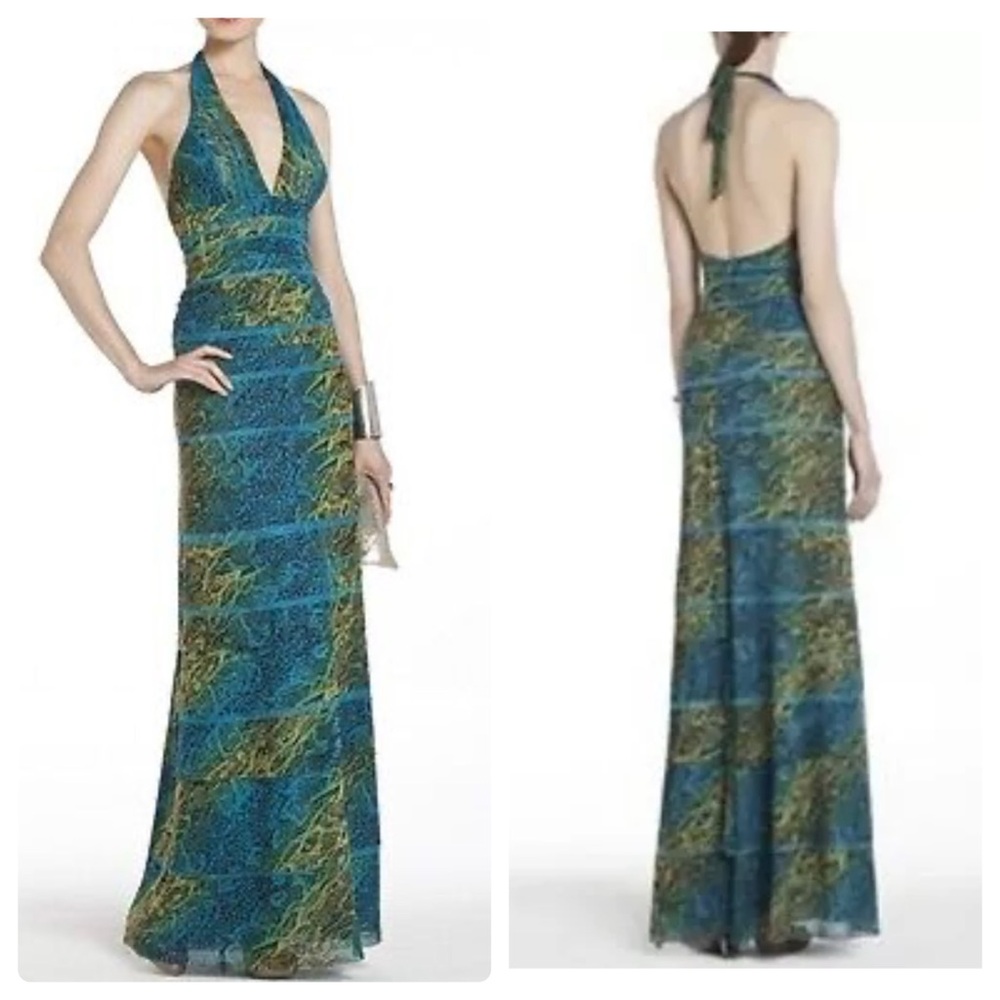 BCBGMAXAZRIA BLUE SURF COMBO LYNNEA EVENING DRESS HALTER RUFFLE